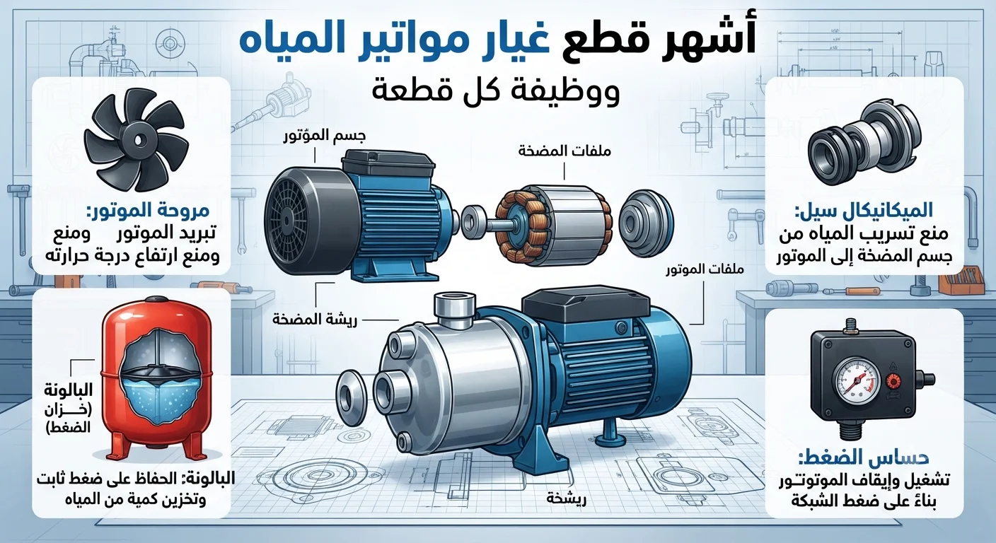 أشهر قطع غيار مواتير المياه ووظيفة كل قطعة