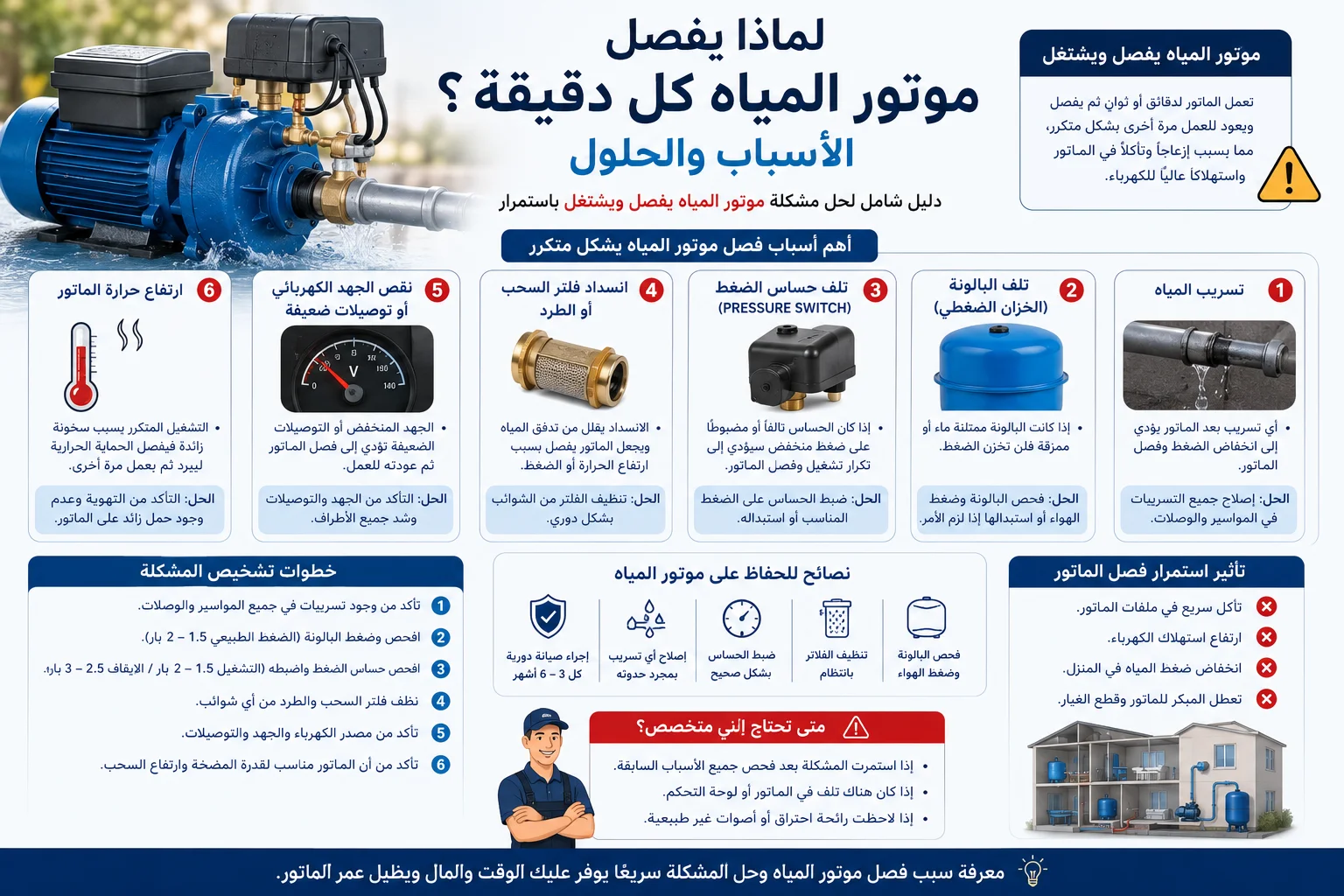 لماذا يفصل موتور المياه كل دقيقة؟ الأسباب والحلول