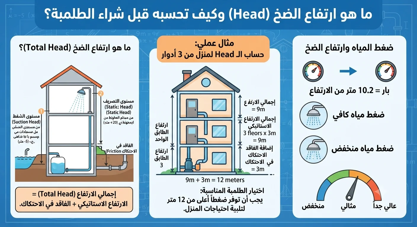 ما هو ارتفاع الضخ (Head) وكيف تحسبه قبل شراء الطلمبة؟