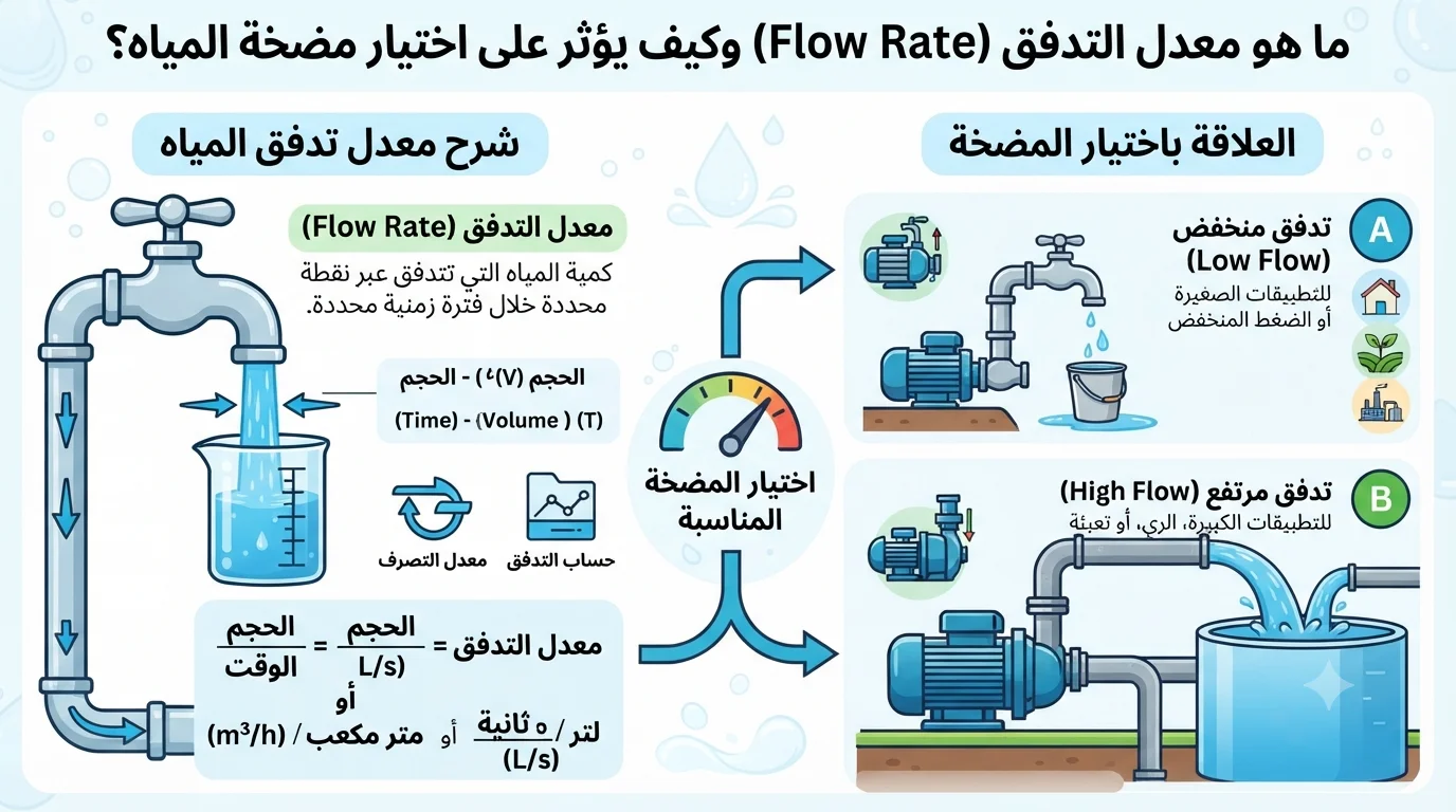 ما هو معدل التدفق (Flow Rate) وكيف يؤثر على اختيار مضخة المياه؟