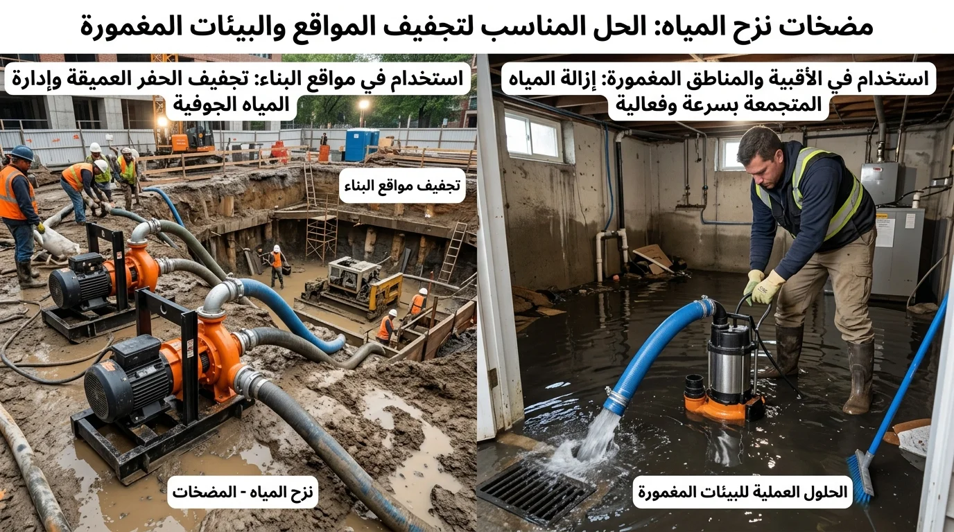 مضخات نزح المياه: الحل المناسب لتجفيف المواقع والبيئات المغمورة